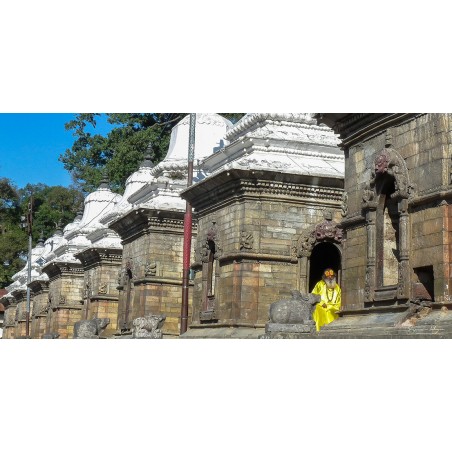 À Pashupatinath, au Népal, un sadhu vêtu de jaune apparaît devant une rangée de sanctuaires de pierre.