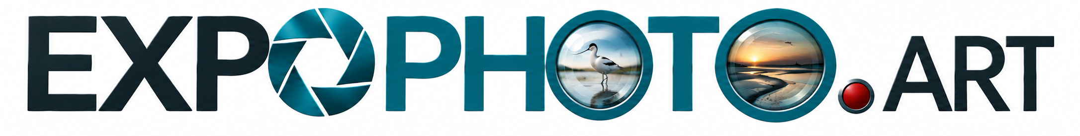 logo d'expophot.art avec diaphragme d'objectit et images de paysage et d'oiseau dans les lentilles photo du texte